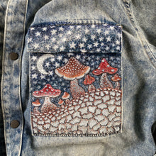 Hand painted mushroom art by Lauren Dalrymple Wade for sale on a repurposed denim jacket