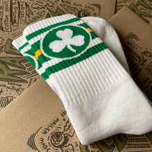 Retro style Irish Green tube socks for sale. Lucky Irish tube socks for sale clover design for St Patty's Day Parade.