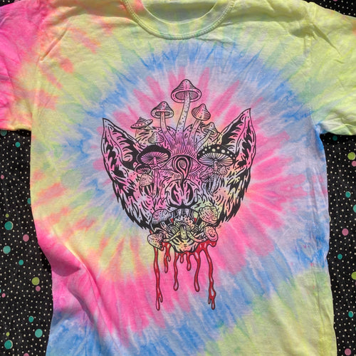 Mushroom Space Bat neon tie dye shirt (SMALL)