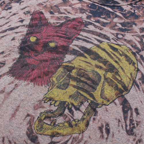 Punk street art shirt for sale with pink cat and yellow skull artwork