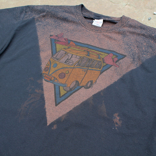 Black bleached shirt with Retro surf bus VW camper van design