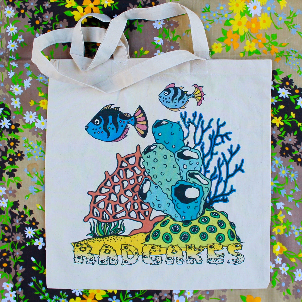 Coral Reef tote bag design by Lauren Wade, available for sale at radcakes.com. NJ artist designs digitally printed on canvas products.