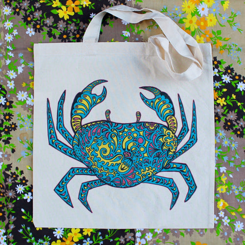 Patterned Crab reusable canvas tote bag - RadCakes Shirt Printing