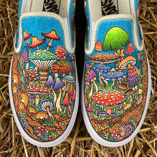 Custom Mushroom Sneaker Art by Lauren D Wade for sale at RAD Shirts Custom Printing in Manasquan unique shoe art for sale custom slips on Vans