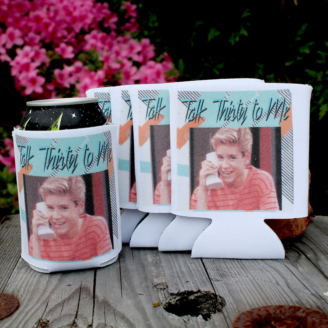 talk thirty to me koozies with zack morris from saved by the bell 80's beer koozie