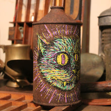 Original Cat artwork on an old oil can - RadCakes Shirt Printing