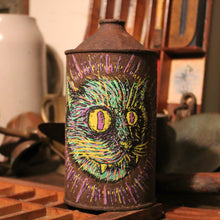 Original Cat artwork on an old oil can - RadCakes Shirt Printing