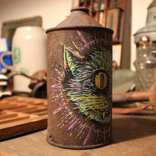 Original Cat artwork on an old oil can - RadCakes Shirt Printing