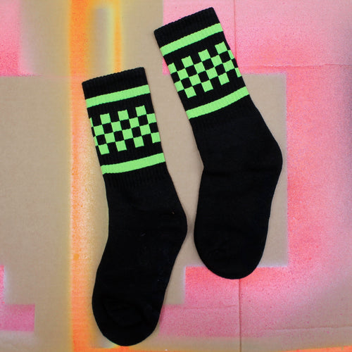 Black and Neon Yellow tube socks checkered Vans pattern