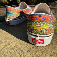 Custom Mushroom sneakers by Lauren D Wade, hand painted on Vans Classic Slip On sneakers with trippy mushroom designs