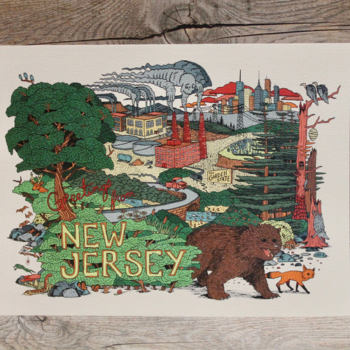 Greetings from New Jersey postcard Original art by Ryan Wade RAD WAYNE Radcakes NJ art for sale