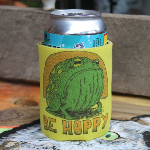 Funny Don't Worry Be Hoppy beer koozie can frog art design micro brew