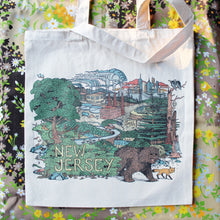 Greetings from New Jersey tote bag for sale with NJ wildlife cartoon illustration reusable