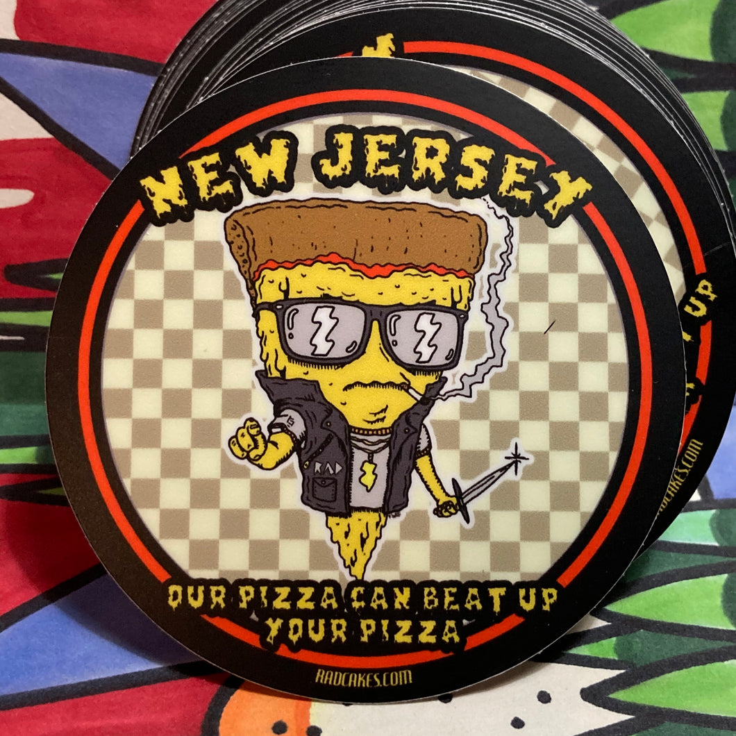 NJ Pizza sticker for sale by Rad Shirts Manasquan New Jersey funny Our Pizza Can Beat Up Your Pizza design