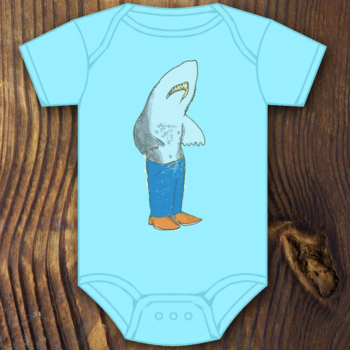 funny weird hipster shark in pants baby onesie design by RadCakes printing Rabbit Skins