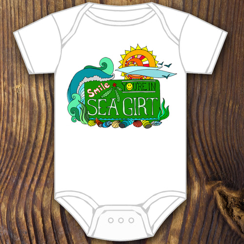 Smile You're in Sea Girt sign baby onesie design by RadCakes printing Rabbit Skins NJ