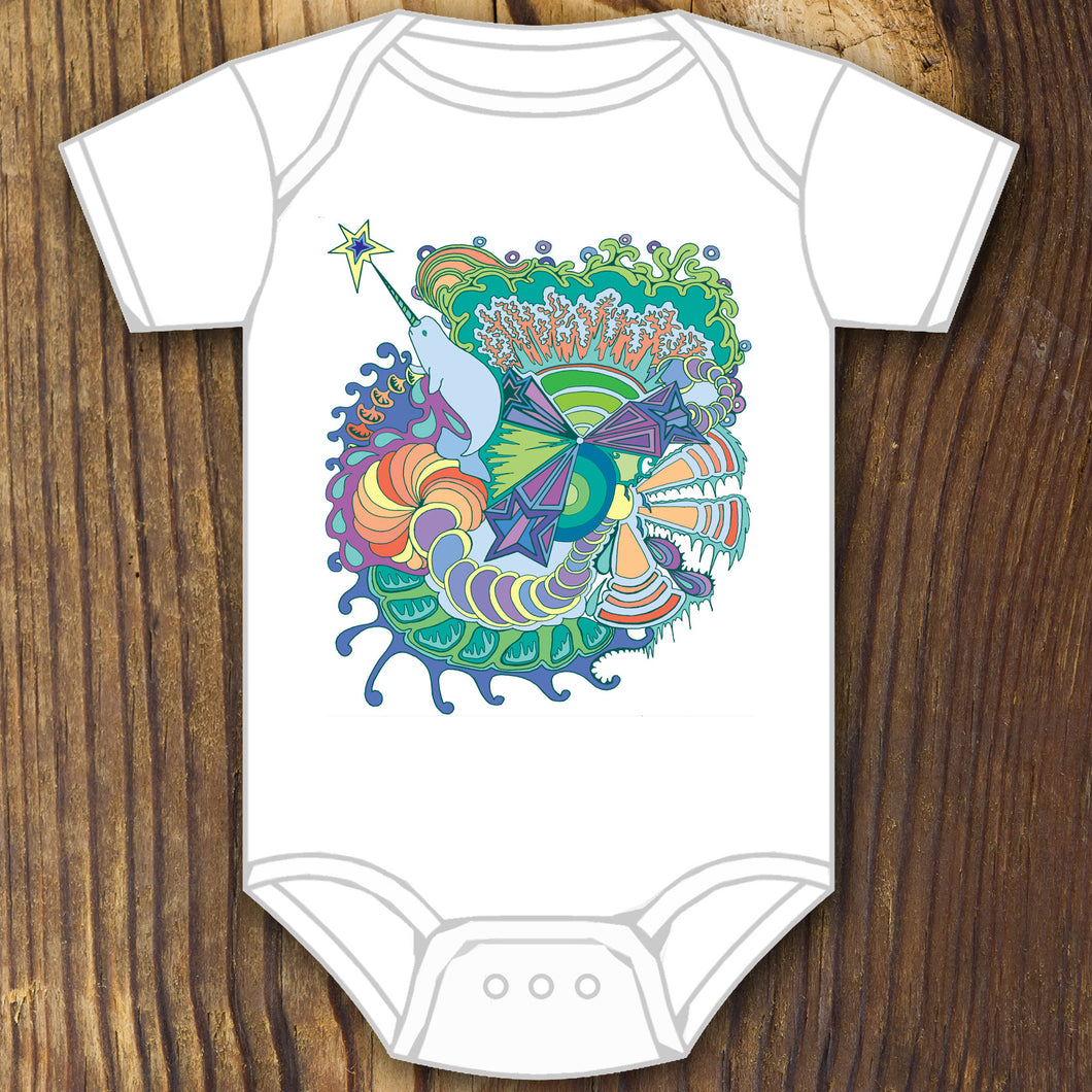 trippy psychedelic narwhal baby onesie design by RadCakes printing Rabbit Skins