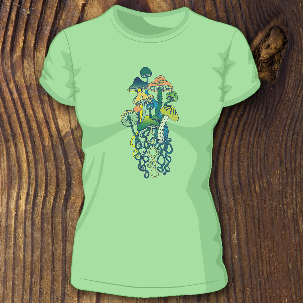 soft green triblend shirt with retro mushroom design