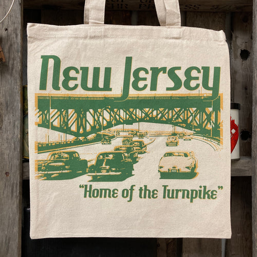 New Jersey Home of the Turnpike tote bag shirt for sale by rad shirts radcakes NJ