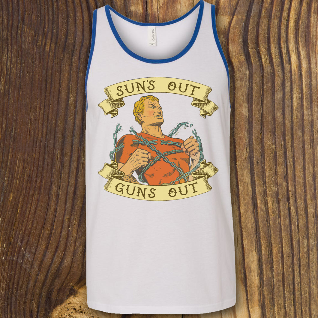 funny sun's out guns out tank top for the gym beach summer bbq shirt made at the New Jersey Shore, Manasquan
